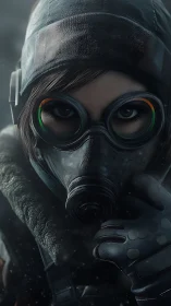Frostbitten gasmask scout watching the wasteland breathe.