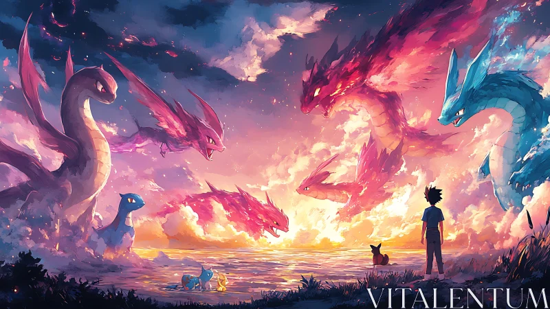 Sunset dragon tide surrounding tiny trainers by glowing sea.