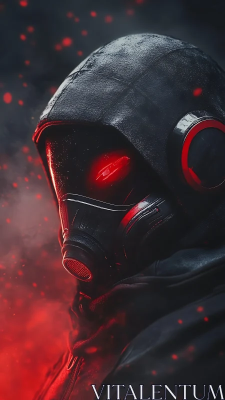 Hooded gas mask warrior glows under crimson embers.