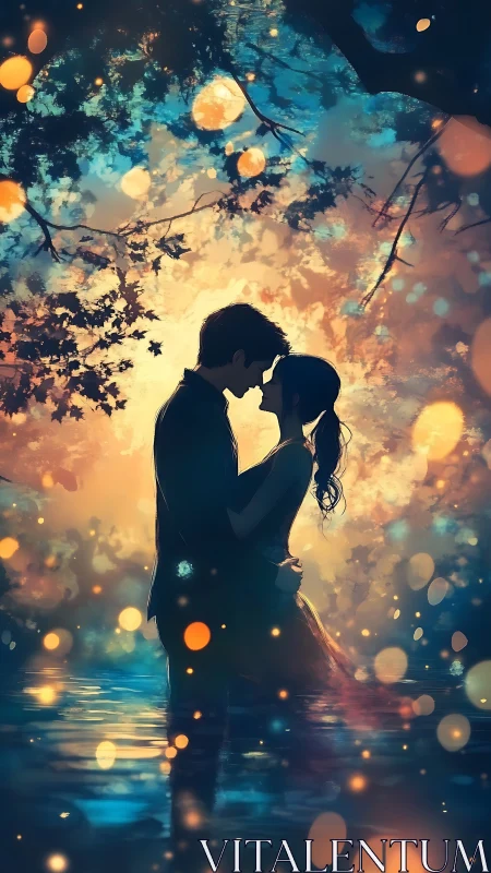 Couple kissing silhouetted against bokeh lights and trees