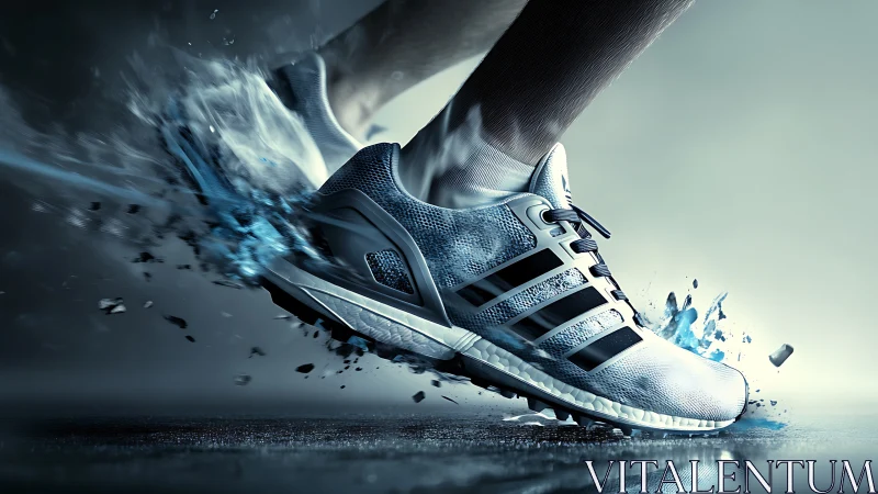 Running shoe close-up with motion splash effect on ground.