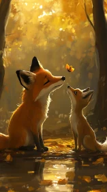 Two stylized foxes observe butterfly in backlit forest clearing