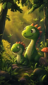 Softly lit cartoon dinosaurs in volumetric forest clearing study