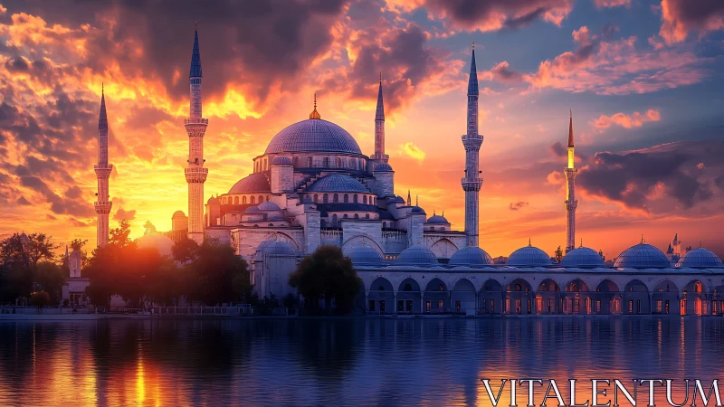 Sunlit mosque silhouette glows against fiery twilight sky.