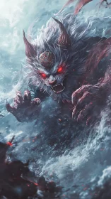 Stormbound demon wolf surging through frozen chaos.