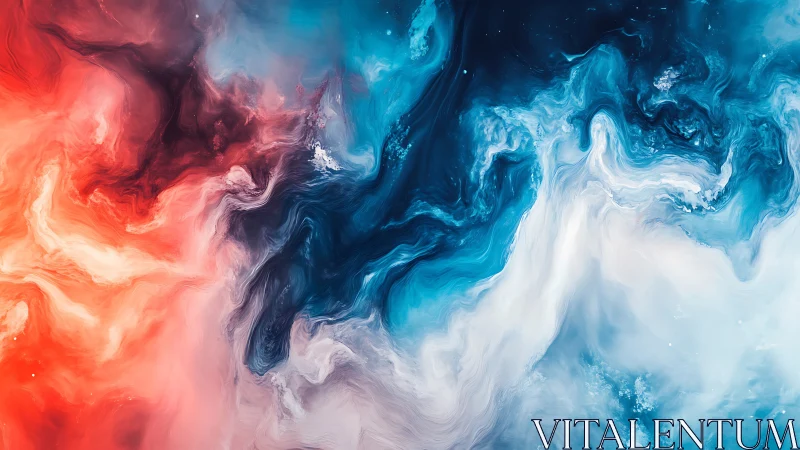 Dual-toned fluid abstraction in red, blue, and white fields.