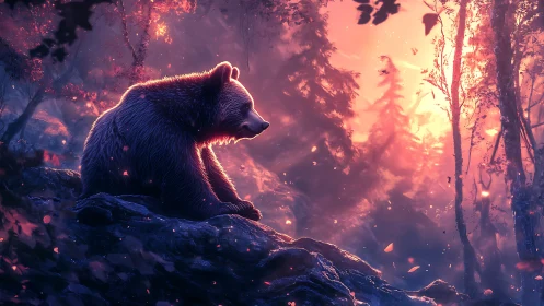 Backlit bear on rocky ledge in bioluminescent dusk forest