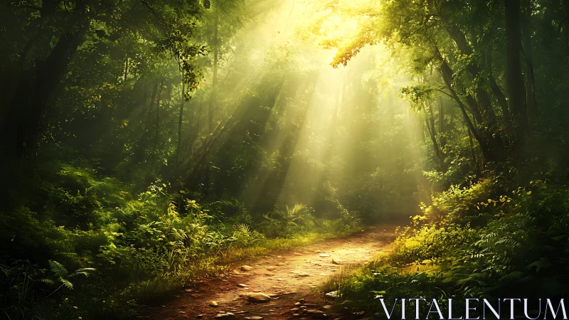 Golden sunlight streams through forest canopy.