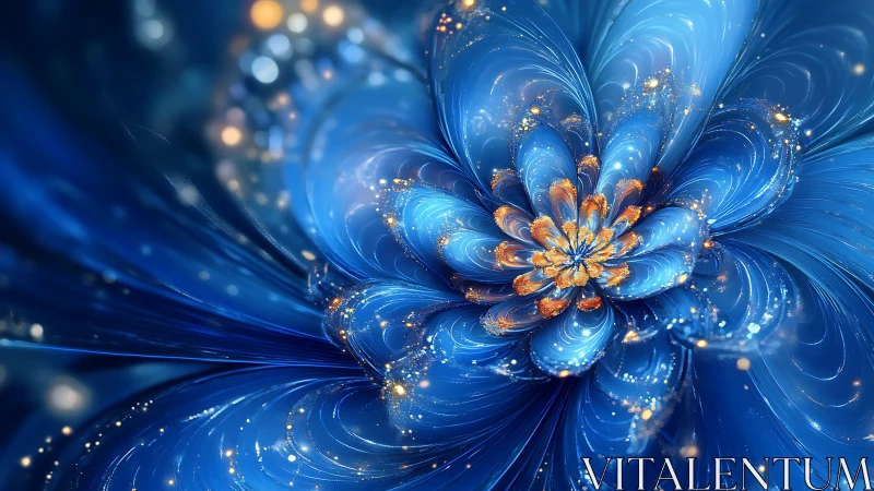 Iridescent fractal bloom in luminous cobalt and gold petals.