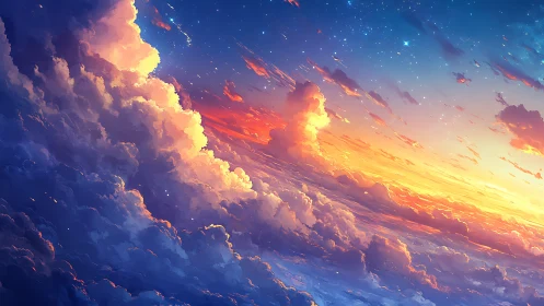 Digital painting of luminous sunset cloudscape perspective.