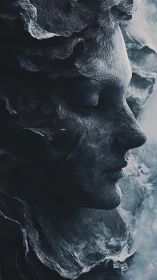 Stone-like human profile emerging from layered rock form.