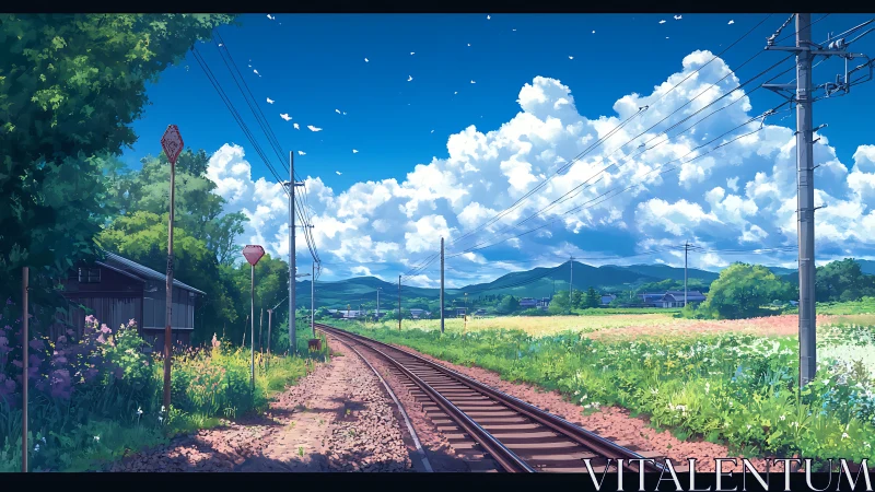 Anime rural railway under towering summer cumulus clouds.