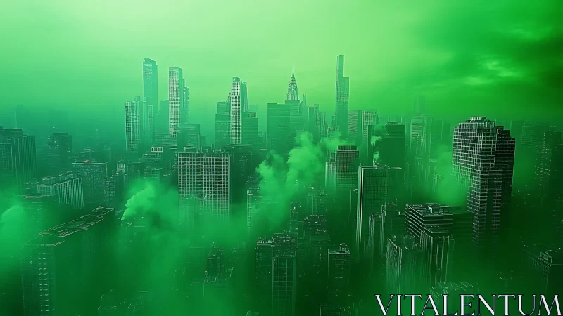 Chromatic green atmospheric bloom over high‑rise skyline.