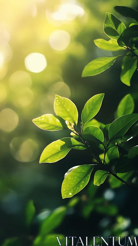 Sunlit green leaves with dreamy bokeh glow background.