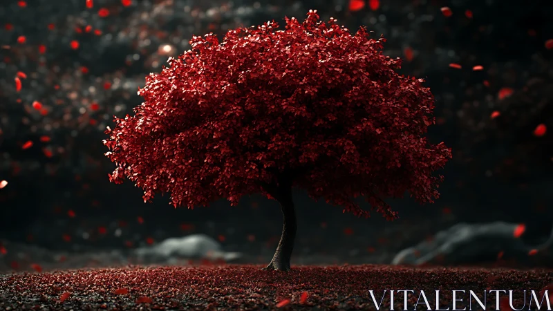 Solitary crimson tree rendered in high-contrast cinematic depth