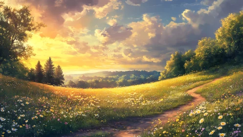 Sunlit meadow trail drifts lazily toward a painted horizon
