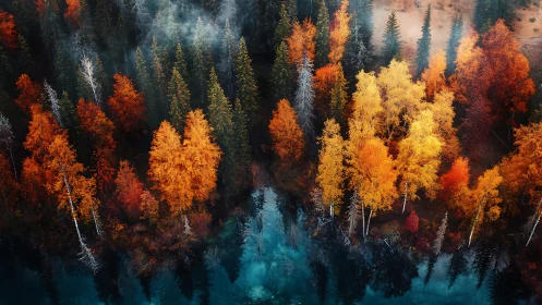 Glowing autumn forest mirrored in a misty turquoise river.
