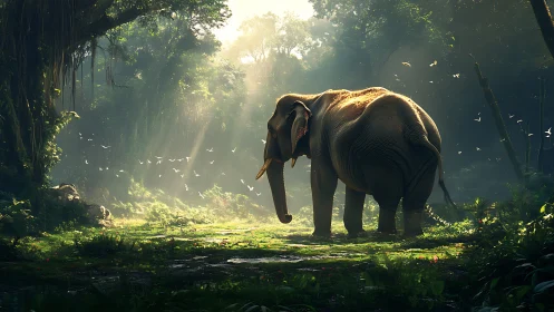 Solitary elephant standing in sunlit lush jungle clearing.