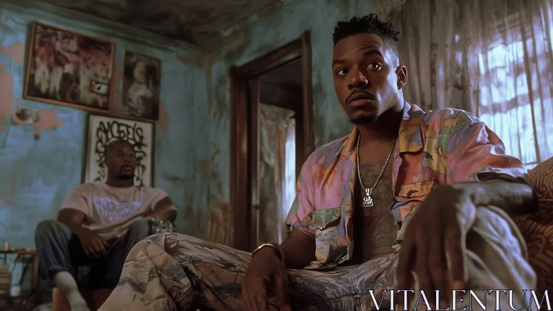 Living room pause between friends in a sun-faded refuge.