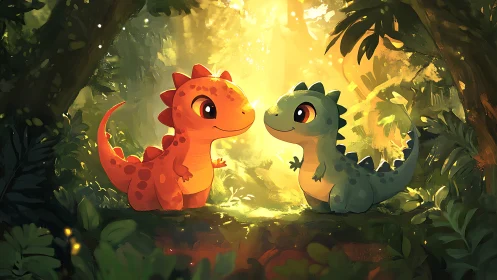 Bioluminescent backlit chibi dinosaur pair in lush jungle clearing.