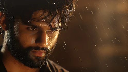 Wet bearded subject in close-up under directional rainfall