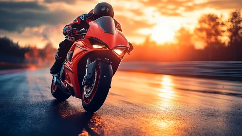 Sport motorcycle moves along wet racetrack at sunset