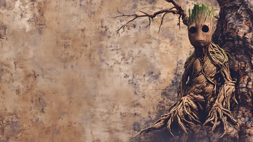 Lonely tree child broods against a weathered earthen wall.