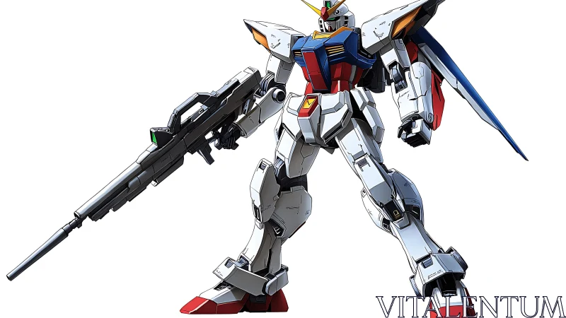 Battle-ready white mecha with rifle and dynamic cel shading.
