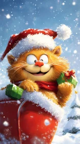 Snow-sparkled Santa cat sailing a sleigh of giggles.