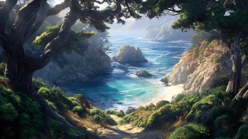 Luminous Cove Sanctuary Framed by Ancient Sentinels.