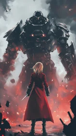 Crimson cloaked hero calmly faces a towering war machine
