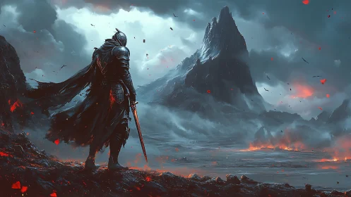 Armored warrior observing volcanic wasteland landscape.