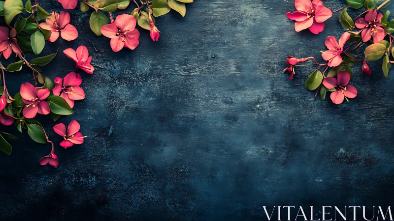 Pink Flowers on Textured Blue Surface.