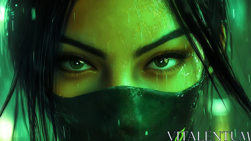 Neon masked warrior eyes under emerald rainlight focus.