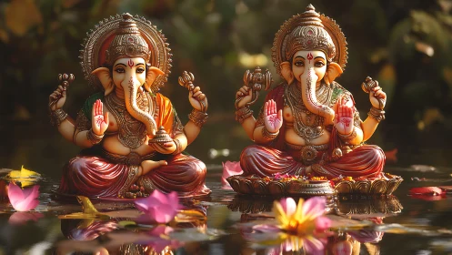 Twin Ganesha guardians glow over lotus-lit reflective waters