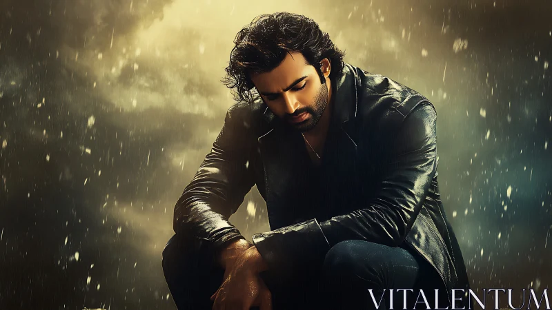 Brooding man in leather coat under cinematic golden rain.