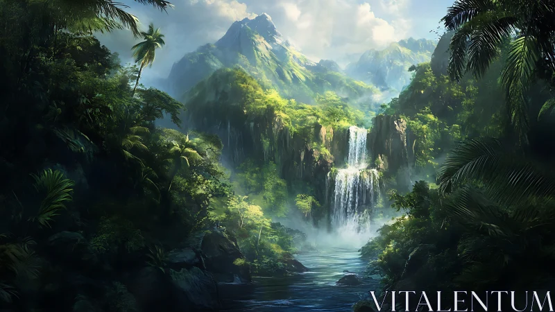 Digital rendering depicts dense rainforest valley with waterfalls