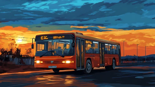 Red city bus moves along wet road at sunset