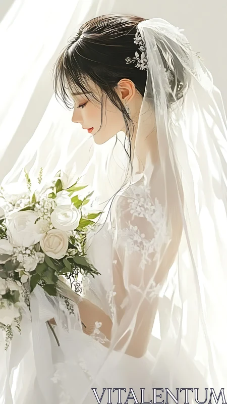 Luminous anime bride in lace veil cradling white roses softly.