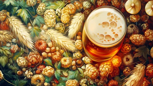 Golden craft beer nestled in lush hops and barley bounty.