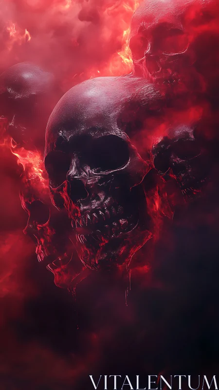 Multiple dark skulls emerge from dense red fire fog