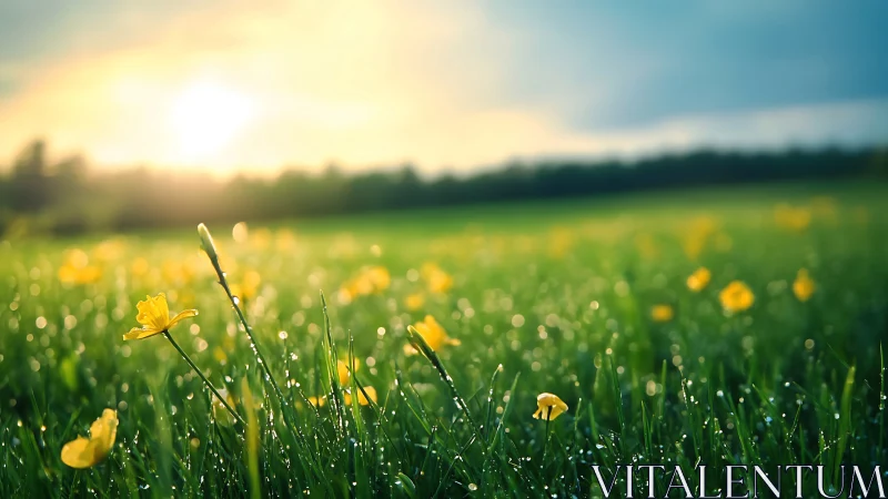 Yellow wildflowers glisten in dewy grass under rising sun