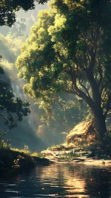Sunlit forest cottage dreaming beside a whispering brook.
