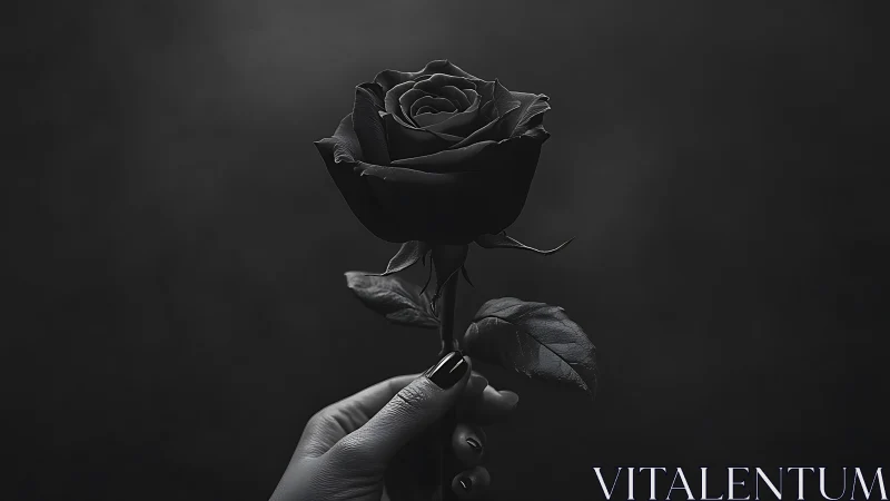 Monochrome hand-held black rose in dramatic low key lighting.