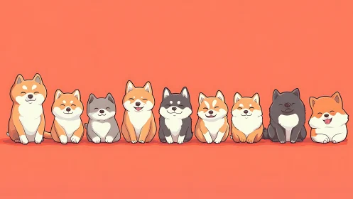 Row of stylized Shiba Inu characters on coral backdrop.