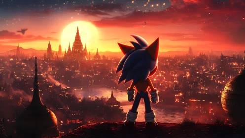 Blue hedgehog silhouette over sunlit fantasy cityscape at dusk.
