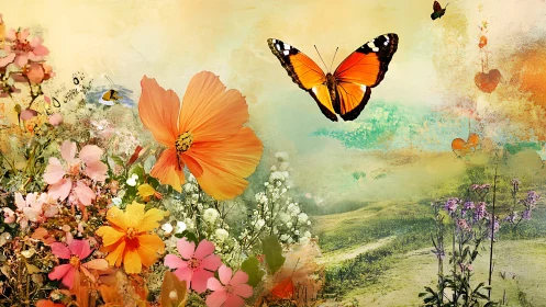 Butterfly Garden Landscape: Digital Composite with Vintage Aesthetic