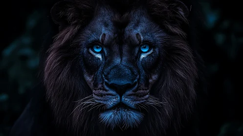 Midnight lion portrait radiates power through icy blue eyes