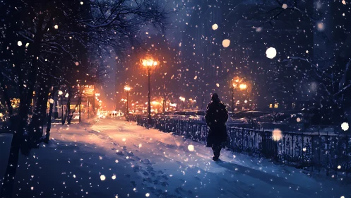 Solitary figure crossing snowy city street at nightfall.