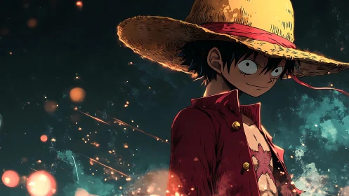 Straw-hatted anime adventurer stands amid glowing embers.
